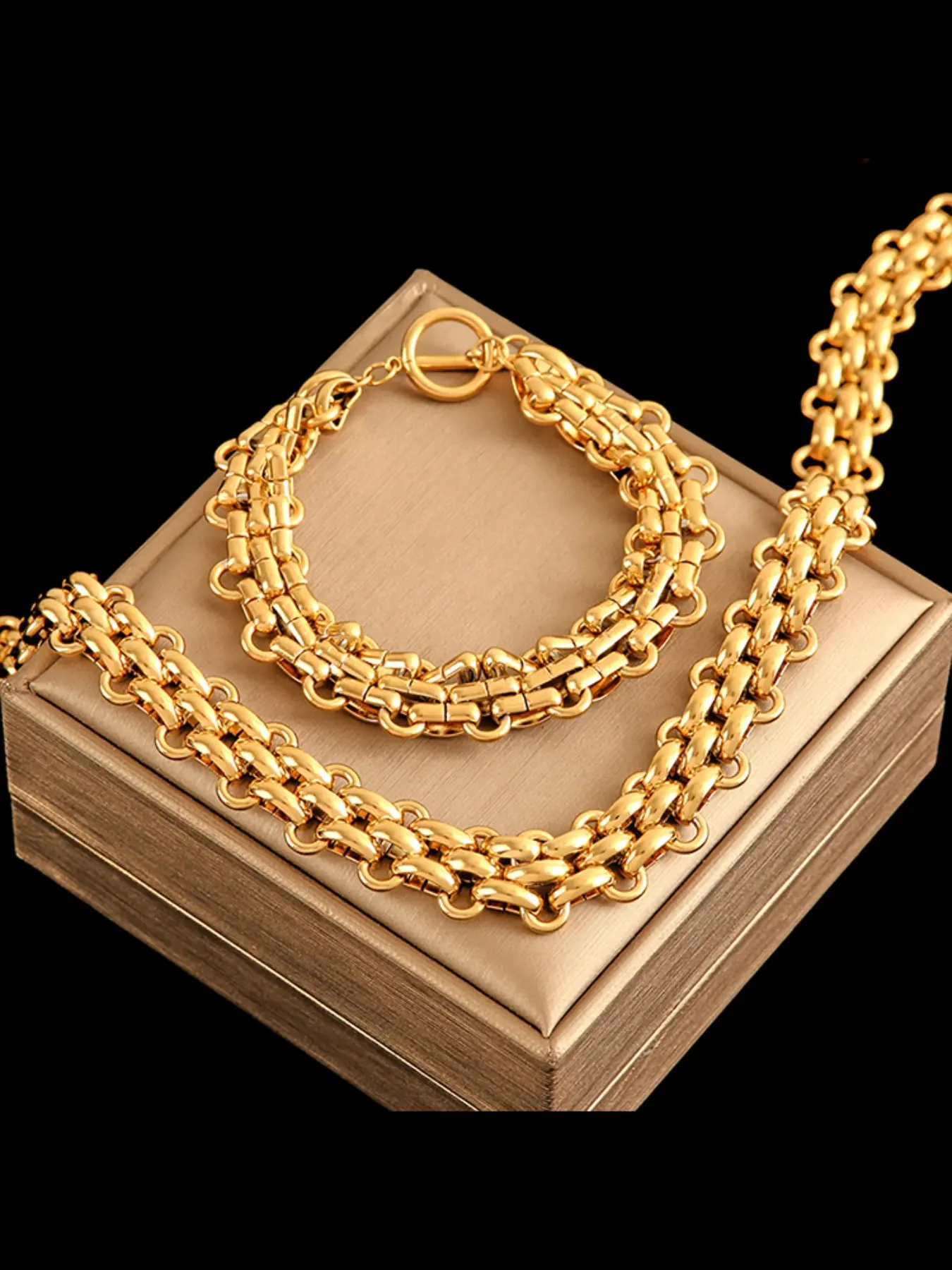 2Pcs Stainless Steel Cuban Chain Statement Necklace Bracelet Set For Women New Punk 18K Gold Plated Waterproof Jewelry Sets