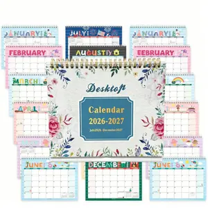 Multinational holiday English calendar, (July 2026 - December 2027) 18-month monthly planner / time planner, standing desktop calendar, floral cover, double wire binding, suitable for studying, office, and home use.