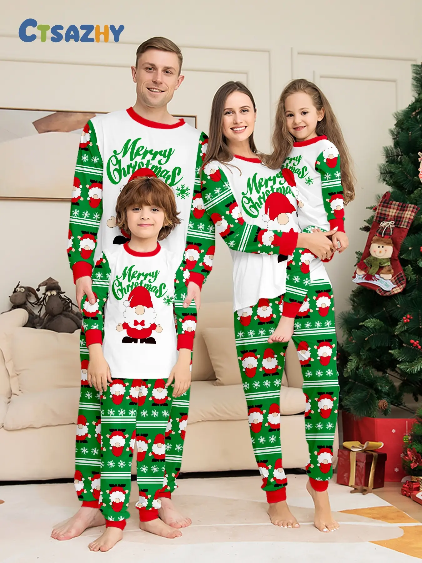 Family Christmas Pajama Set, Body Trim, Cartoon Santa, Merry Christmas Print, Soft Breathable Knit, Holiday Home Wear