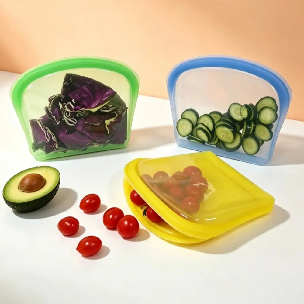 Flat Reusable Food Grade Silicone Storage Bags Leakproof Sealed Food Freezer Bags Microwave Safe Portable Fruit Meat Meal Divider Pouches for Kitchen Refrigerator Organization