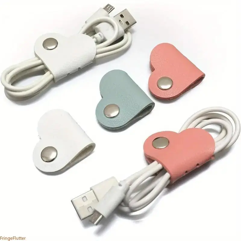 Wear-Resistant Soft PU Leather Heart-Shaped Cable Organizer Set (5-Piece) - Headphones Winder, Phone Charging Cord Holder, Office Desk Tidying Accessory for Home