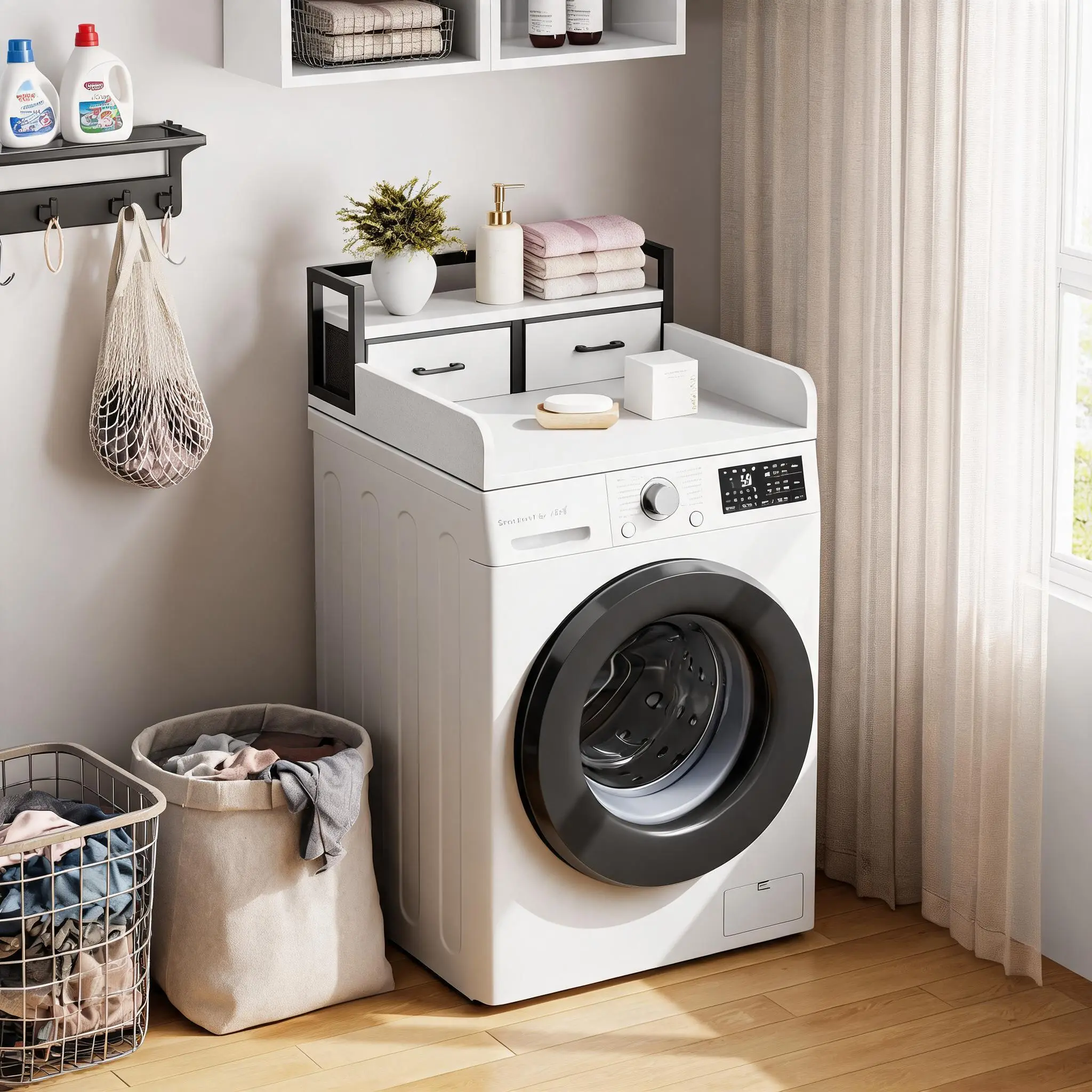 Space-Saving Washer Dryer Countertop Organizer Shelf – 2 Drawers, Open Shelf, Anti-Slip, High Guardrails, Smooth Rounded Edges, Utility Storage Rack for Laundry Room or Bathroom