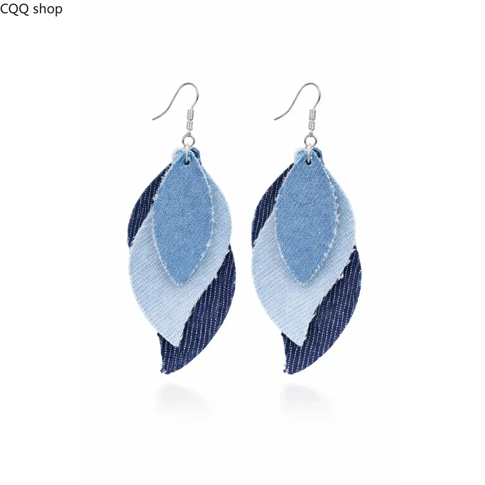 Blue Denim Leaf Drop Earrings, Lightweight Layered Design, Silver-Tone Fishhook Hardware, Comfortable All-Day Wear, Coastal Style Statement Jewelry, Blue Denim Accessories, Coastal Style Earrings, Denim Earrings