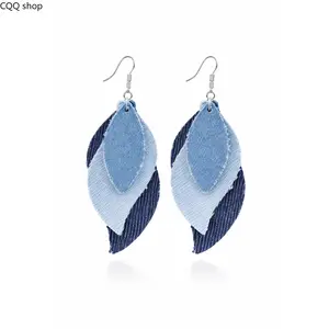 Blue Denim Leaf Drop Earrings, Lightweight Layered Design, Silver-Tone Fishhook Hardware, Comfortable All-Day Wear, Coastal Style Statement Jewelry, Blue Denim Accessories, Coastal Style Earrings, Denim Earrings