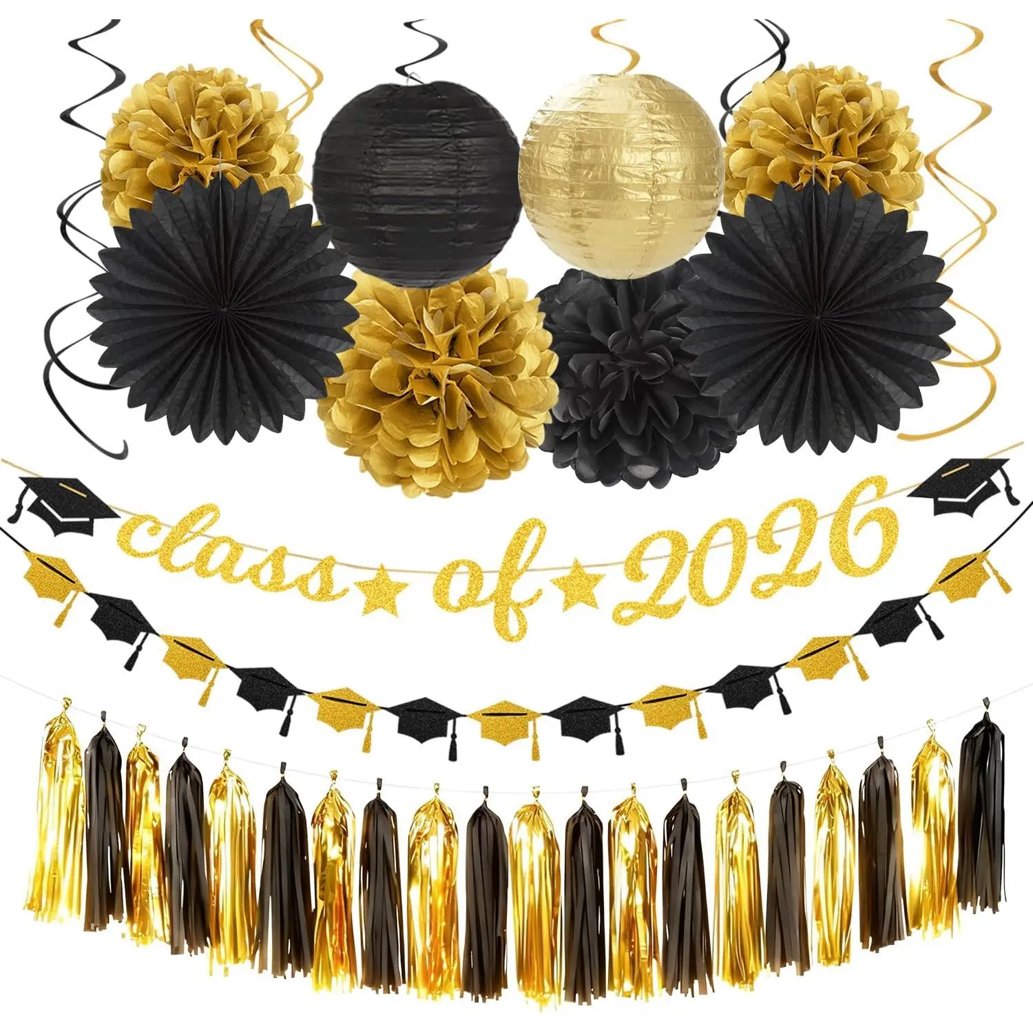 Black  Graduation Party-Decorations Garland - 36 count Congrats Grad Class 2026 Banner,Hat  Streamers,College High School Congratulations Master Celebration Classroom Backdrop Decor