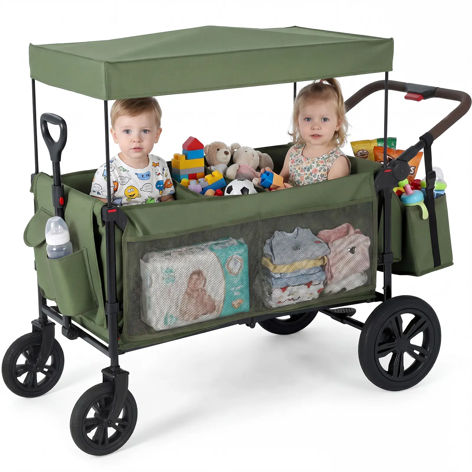 2-Seat Collapsible All-Terrain Stroller Wagon - Push/Pull Outdoor Cart with One-Hand Adjustable Handle - Removable Canopy, 5-Point Harness, Large Storage Pocket