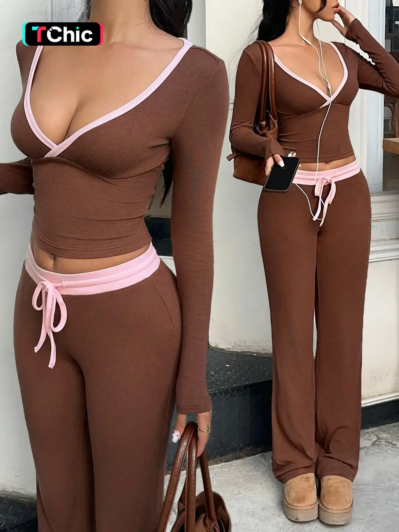 Women's Casual Deep V-Neck Colorblock Long Sleeve T-Shirt Set, Drawstring Waist Pants, Slim-Fitting, Plain Surface, Unlined Suit