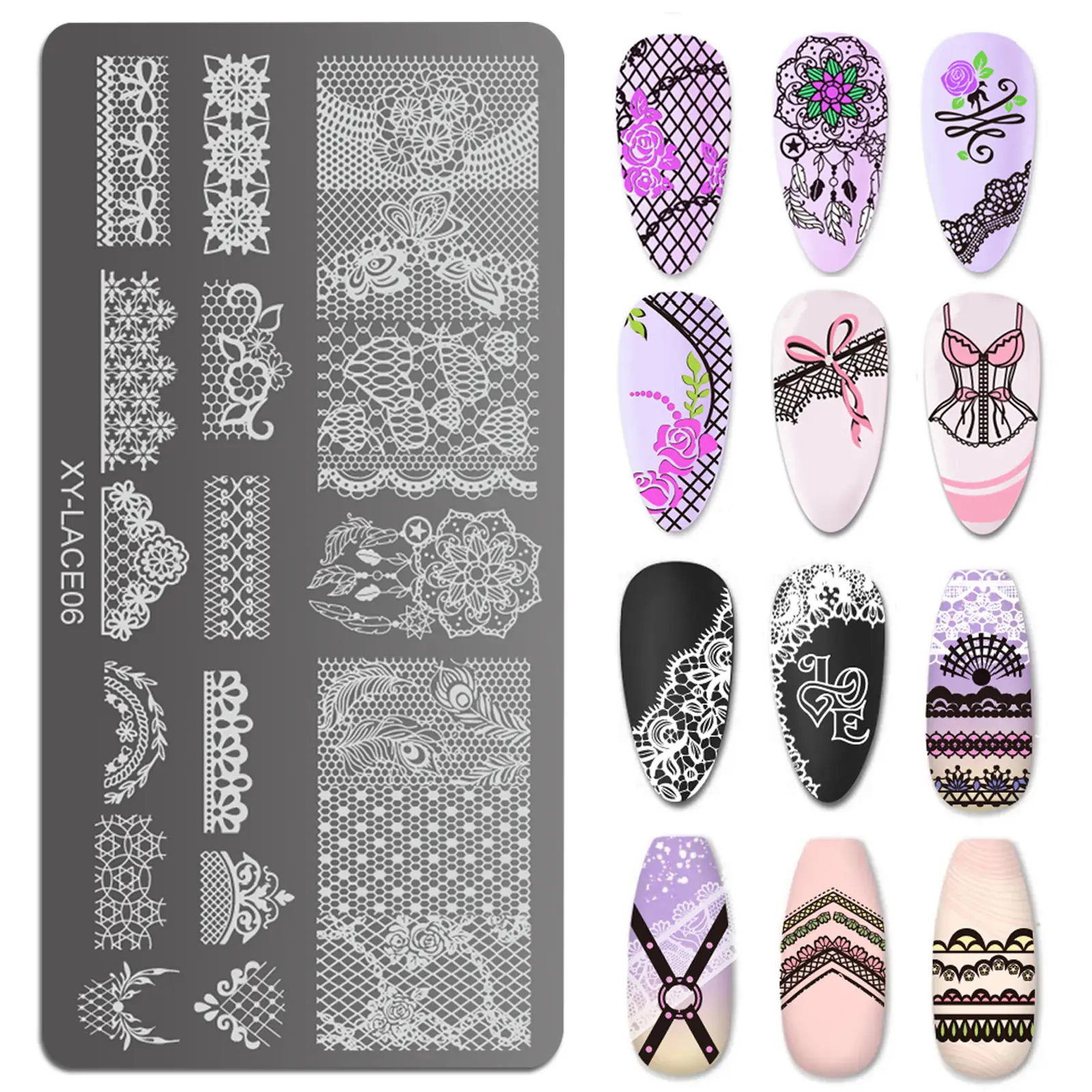 Nail Stamping Plates Set- Nail Press Molds, French Tip Silicone Nail Stamper, Bow Lace Design with Nail Stamp Stencils & Scrapers for Women DIY Manicure Art Accessories​