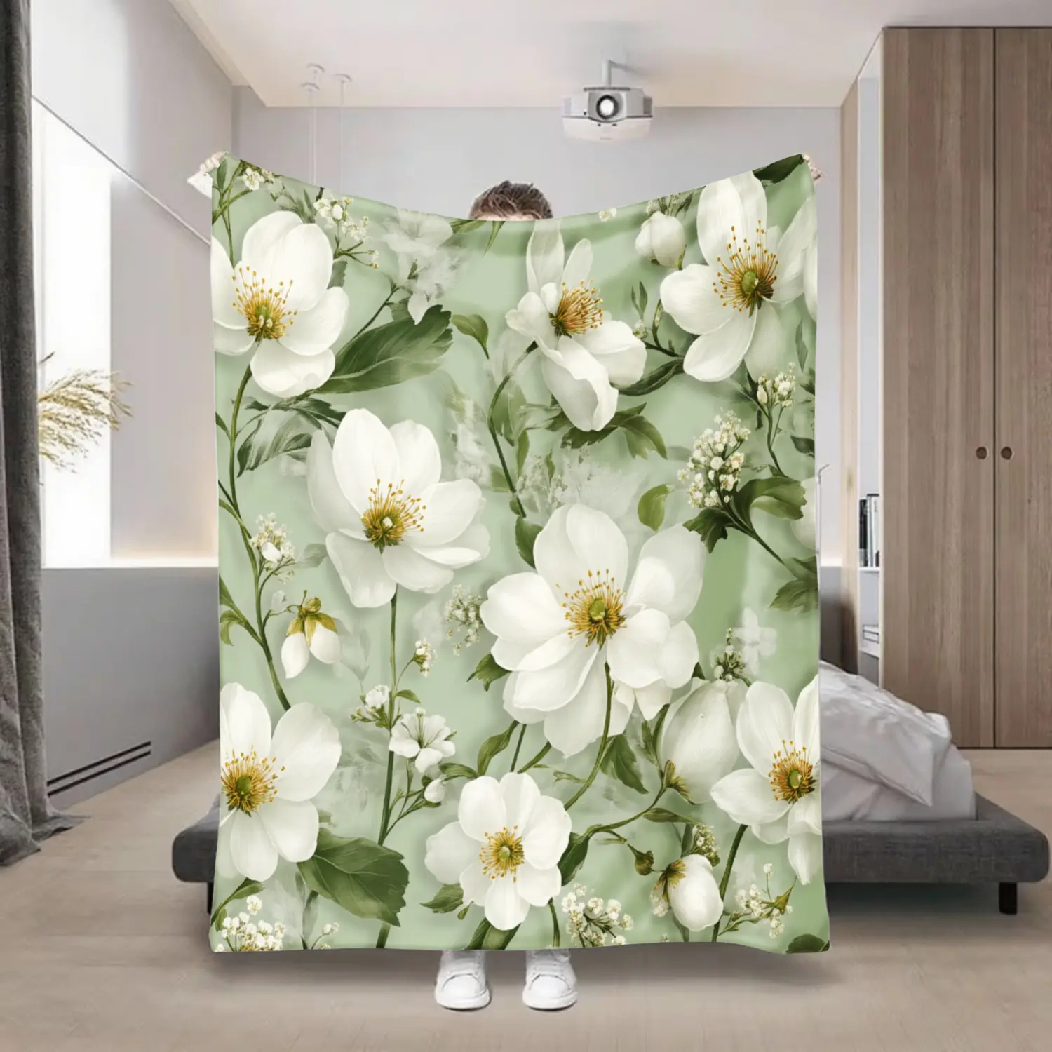 Soft Light Green & White Flannel Bedspread - Modern Leafy Floral Eucalyptus Pattern Bed Cover, All- Cozy Bedding Suitable For Sofa, Dorm, Office - Green White Light Green Bedspread