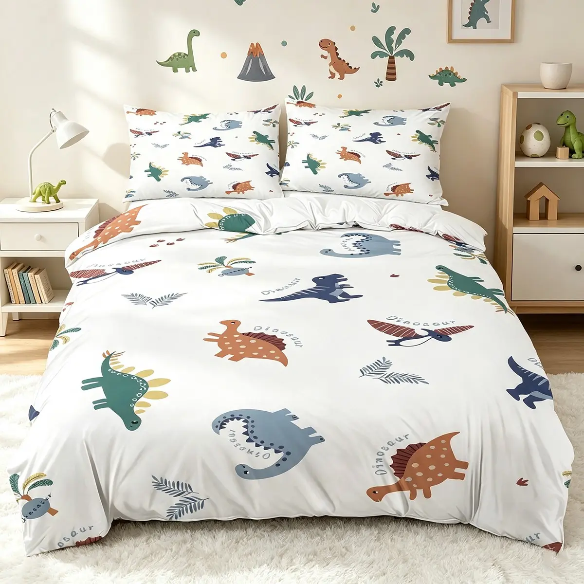 Cute Dinosaur Duvet Cover Set 2/3 pcs, Colorful Dino Queen Size White Based Duvet Cover Set, Ultra Soft Microfiber Breathable Bedding Comforter Set for Bedroom Decor