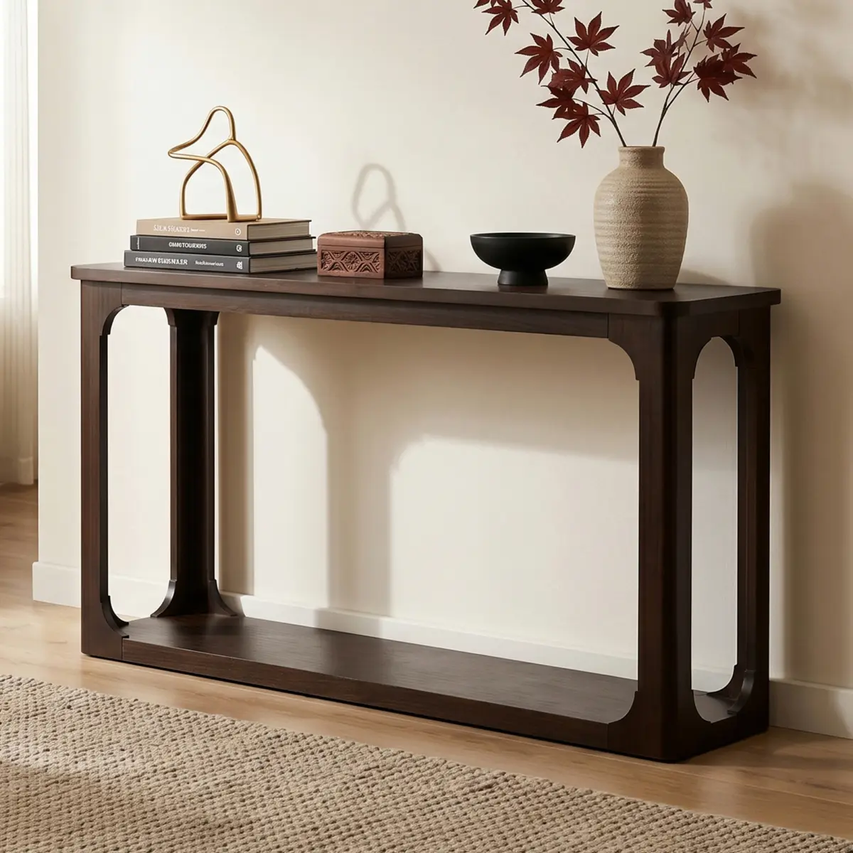 55" Espresso Minimalist Console Table with Open Arch Cutouts, Rounded Corners, Solid Wood Legs, Wood Veneer, Sturdy Bottom Shelf, Transitional Entryway Sofa Table for Living Room Hallway