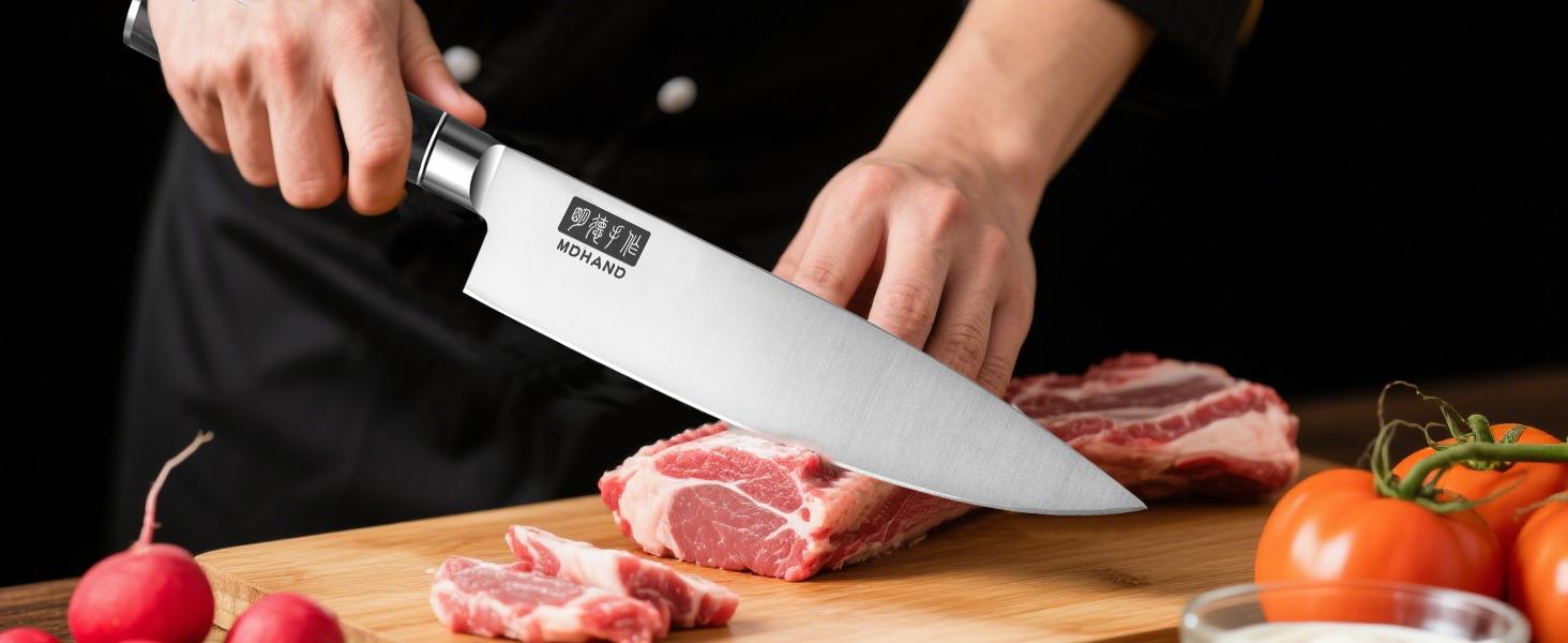 MDHAND Chef Knife Set with Roll Bag, 9PCS Professional Knife Sets with Sharpener, High Carbon Stainless Steel Japanese Kitchen Knives - Black Pakkawood Handle, Dishwasher Safe, For Cooking, Chef Gifts