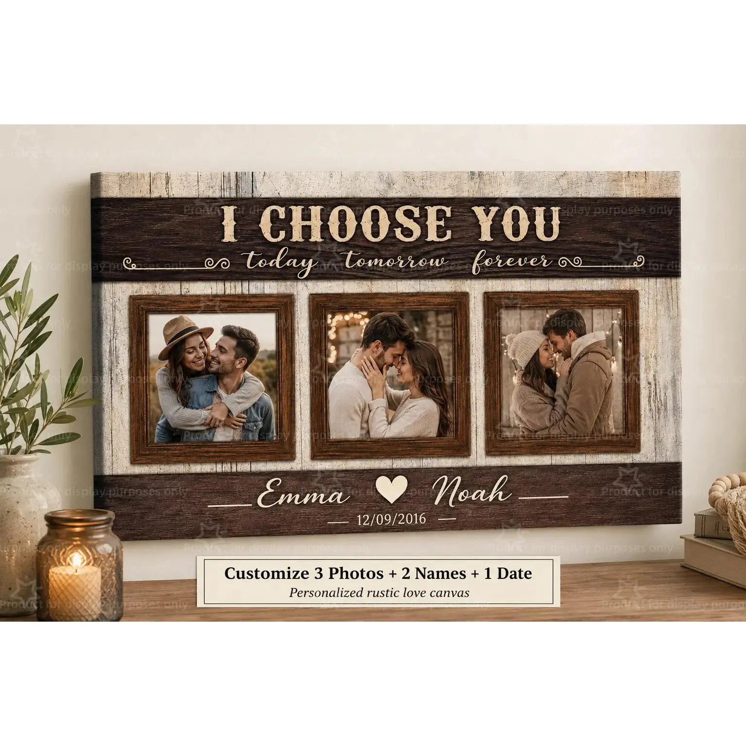 Custom Rustic Wood 3 Photo Couple Canvas Wall Decor Poster, I Choose You Quote Personalized 2 Names & Date Print, Wall Art for Bedroom Living Room Farmhouse, Decor Poster Print, Available as Unframed Canvas Poster or Framed Canvas Wrap