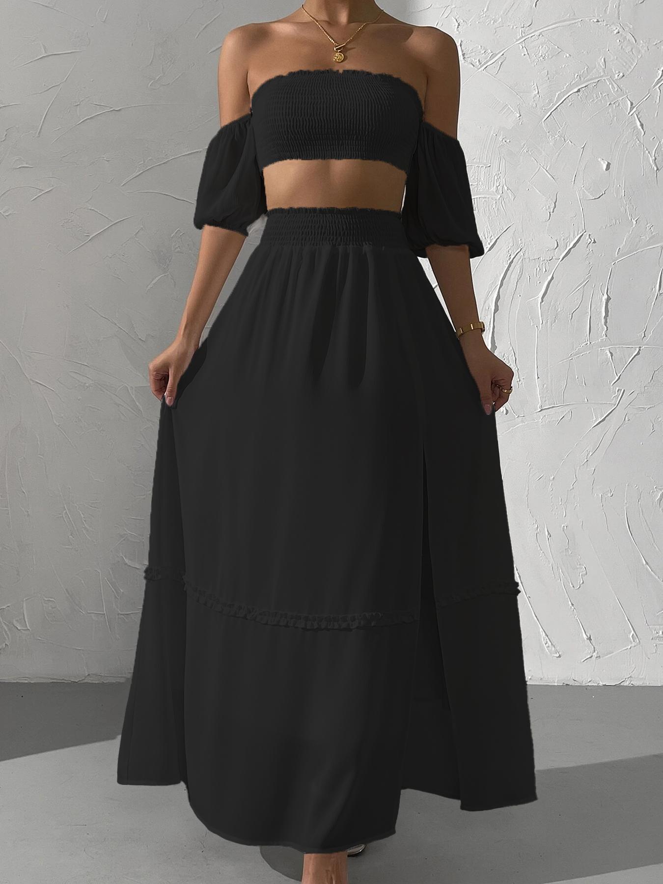 Women's Solid Off Shoulder Fitted Crop Top & Split Hem Skirt Two-Piece Set, Casual Fashion Cozy Two Piece Outfits for Daily Outdoor Wear, Ladies Clothes for All Seasons