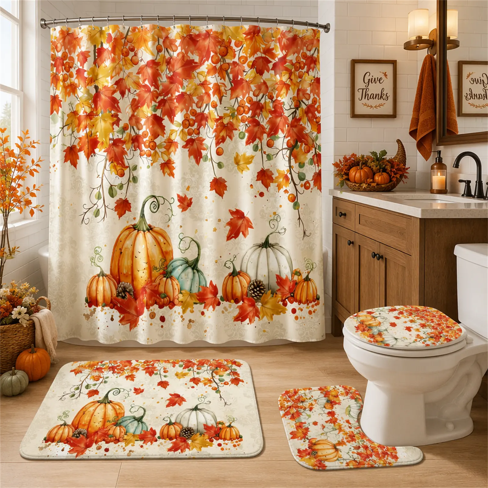 4Pcs Pumpkin Maple Leaf Shower Curtain Bathroom Set, Autumn Vine Harvest Print with Orange White Green Pumpkins, Waterproof Shower Curtain, Non-Slip Bath Mat, U Contour Rug & Toilet Cover with Hooks for Thanksgiving Farmhouse Bathroom Upgrade decor