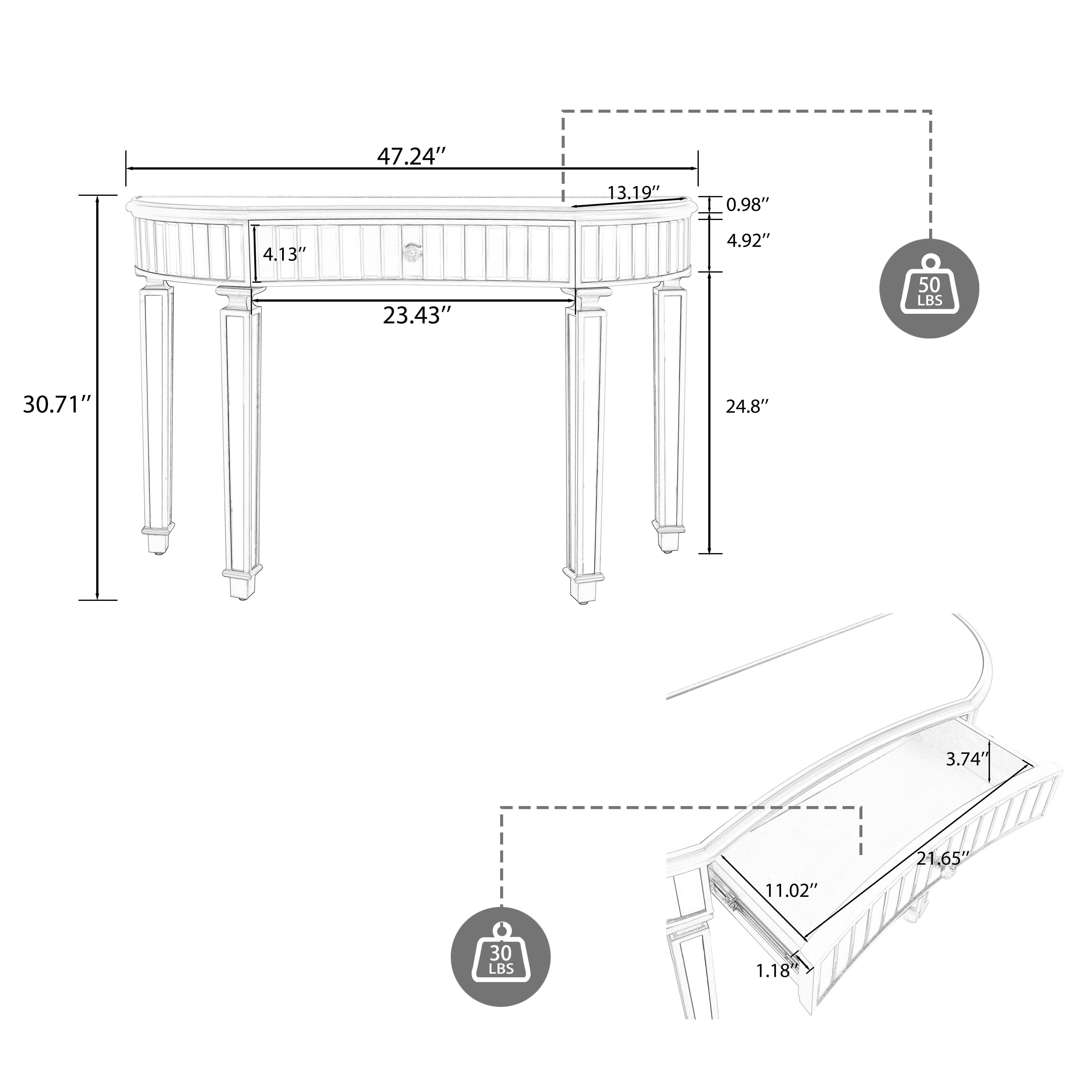 47" Half-Moon Mirrored Console Table with Fluted Glass & Crystal Knob Drawer - Silver Entryway Vanity Desk for Bedroom/Dressing Room(Gold+Sliver)