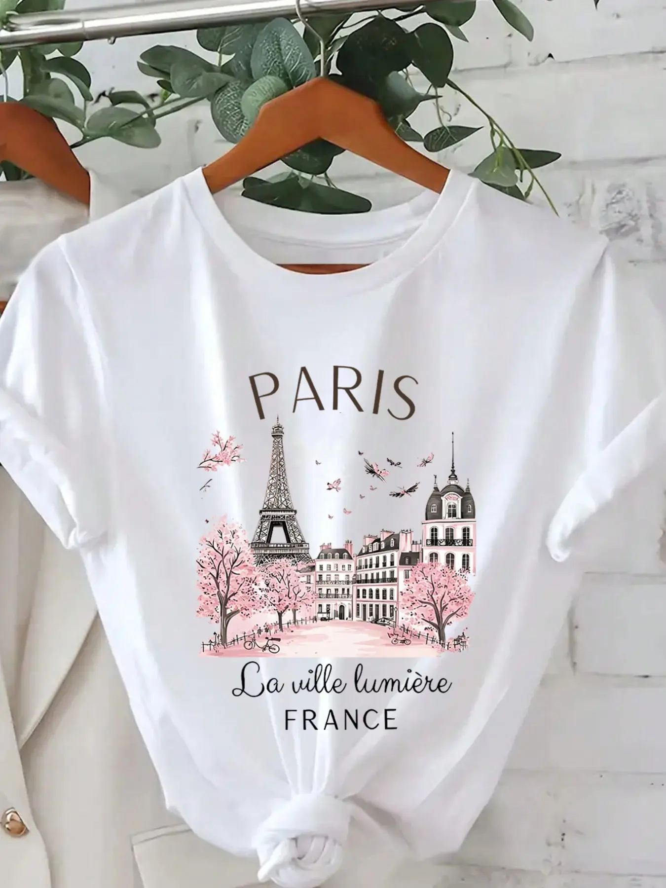Women's Casual Round Neck Short Sleeve T-Shirt, Paris Eiffel Tower Print, Soft Stretch Fabric, Spring Summer Fashion