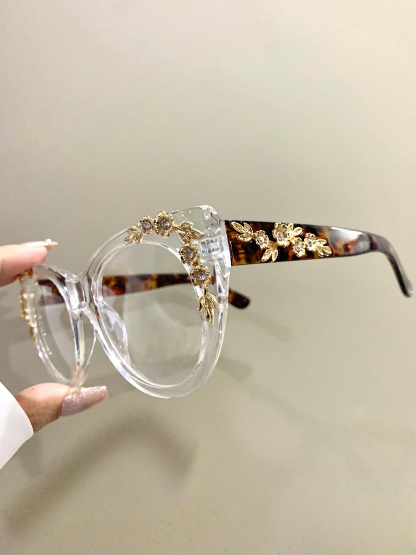 Women's Elegant Leopard & Flower & Rhinestone Decor Eyeglasses, Trendy Casual Cat Eye Frame Eyeglasses for Everyday Use, Fashion Accessories for Women & Girls, Leopard Pattern Eyeglasses, Stylish Glasses, Stylish Trendy Eyewear