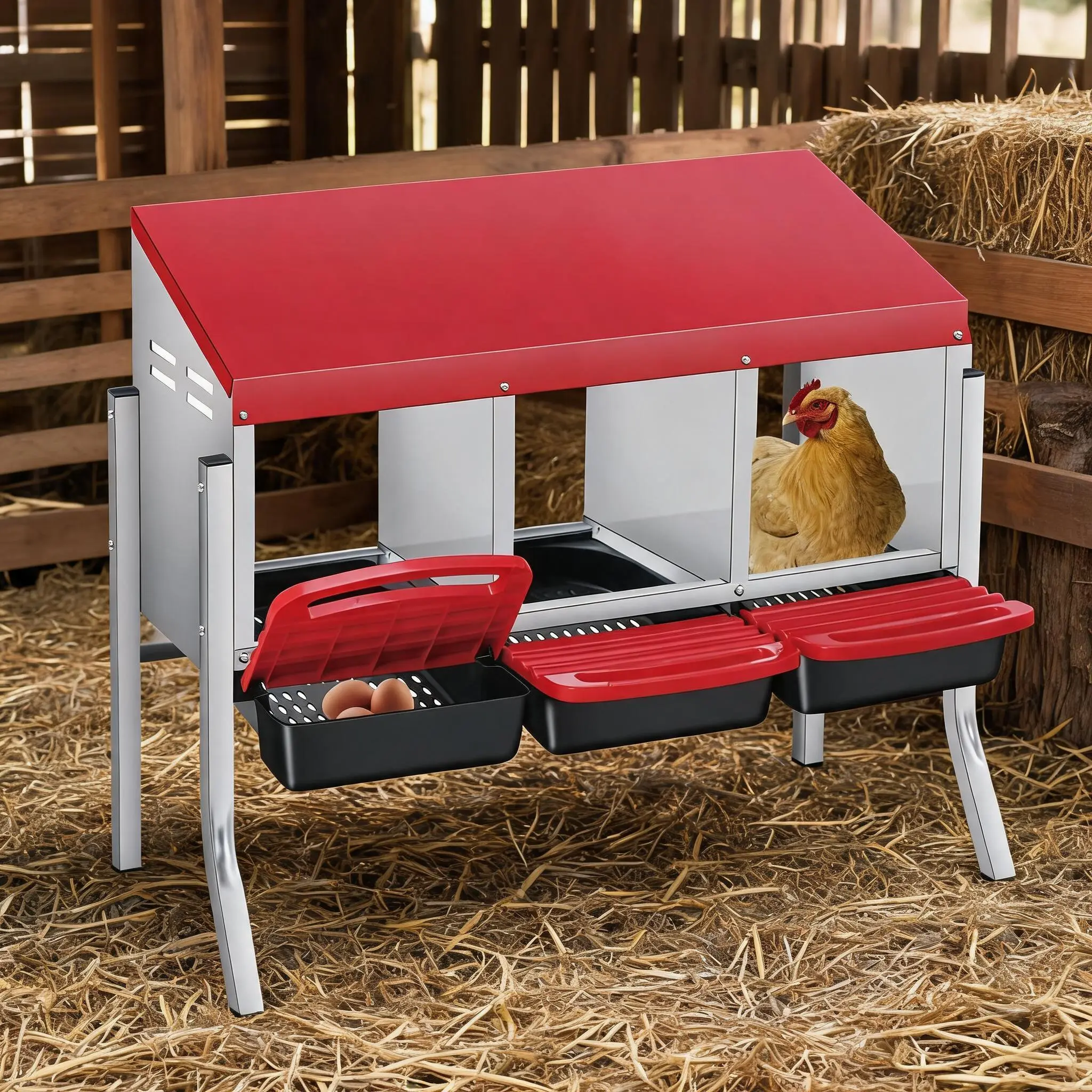3-Compartment Roll-Out Chicken Nesting Box with Removable Tray, Metal Coop Laying Box, Easy Egg Pickup, Wall/Floor