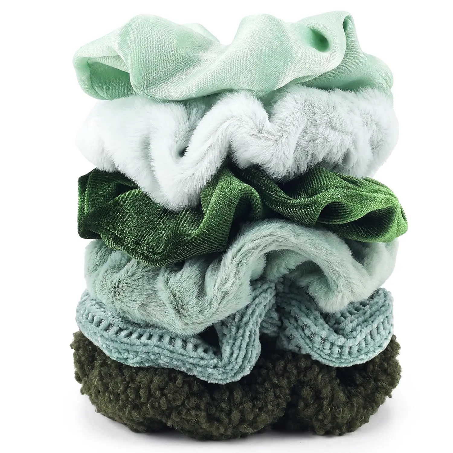 Scrunchies for Women Girls 6 count Green  Scrunchies for Thick Hair Ultra Textured Soft Scrunchy Hair Ties Solid Elastic Hair Bands Fuzzy Ponytail Holders Cute Hair Accessories Holiday