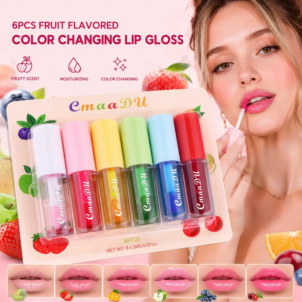 CmaaDu 6Pcs Temperature Changing Lip Gloss Set, Fruity Hydrating Lip Oil, Repair Chapped Lips & Reduce Lip Lines, Moisturizing Long Wear Makeup