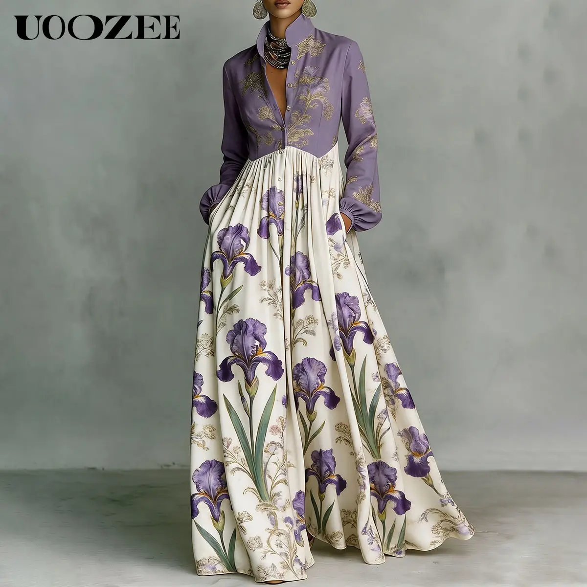 UOOZEE Women’s Bohemian Casual Floral Print Split-Joint Maxi Dress - Stand Collar, Long Sleeve, Button-Front, A-Line Gown with Side Pockets, Lightweight Breathable Non-Stretch 100% Polyester Loose Fit for 3 Seasons, Size Down 1 for Slim Petite Figures, Fa