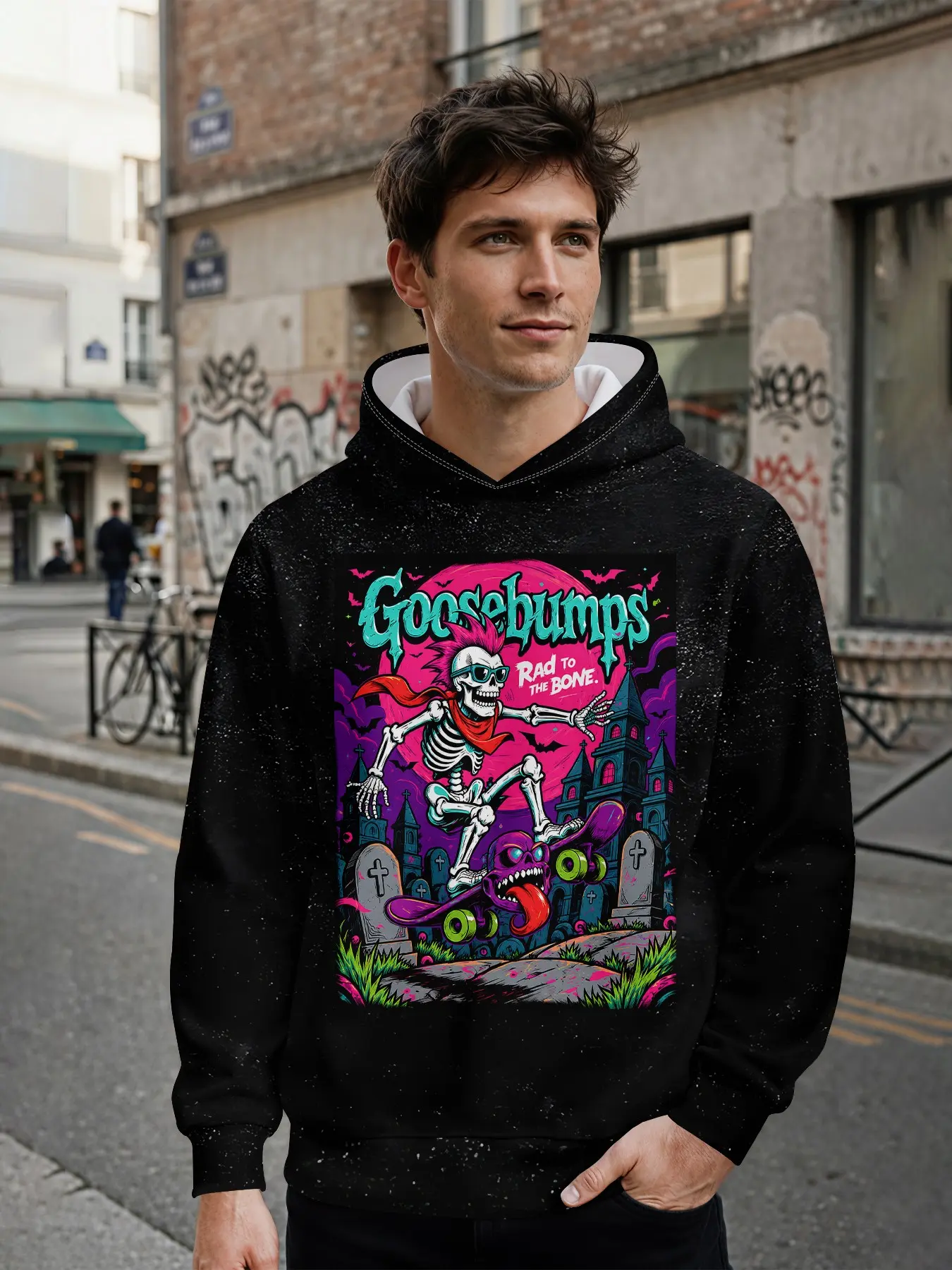 Men's Hoodie with 3D Digital Print Featuring Haters, Graffiti, Castles, Skateboards and Skulls in American Street Style, All-over Printed Pattern, Eye-catching for Daily Street Outings and Music Festival Looks, an Ideal Holiday Gift for Men