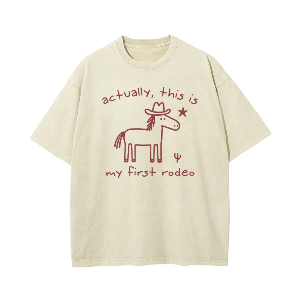 Women's Shortsleeve Crew Neck Oversized Vintage Washed Cotton Tee - Unisex Rodeo Doodle Cow Horse Graphic, Western Cowboy Print, Breathable Fabric, Casual Country Summer Streetwear Layer Top