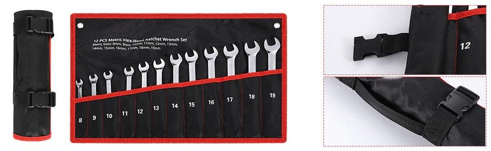 GARVEE Metric Ratcheting Wrench Set P-12 180° Flex-Head Cr-V Steel 9-18mm with Premium Roll-Up Storage Pouch, Polished Finish, 12-Piece Set