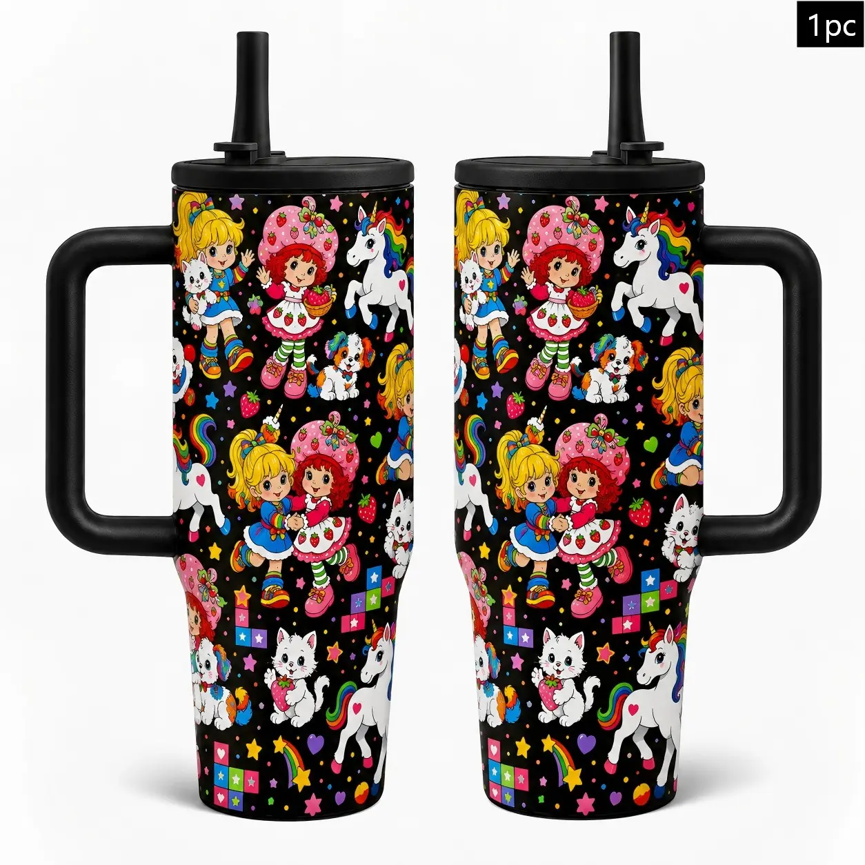 1PC 40oz Colorful Retro Cartoon Girl Unicorn Cat Dog Rainbow Pattern Insulated Tumbler with Handle & Straw, Double Wall Vacuum Leak-Proof Travel Mug, Hot 12H Cold 24H, Large Water Bottle for Girls Women, Birthday Christmas Gift