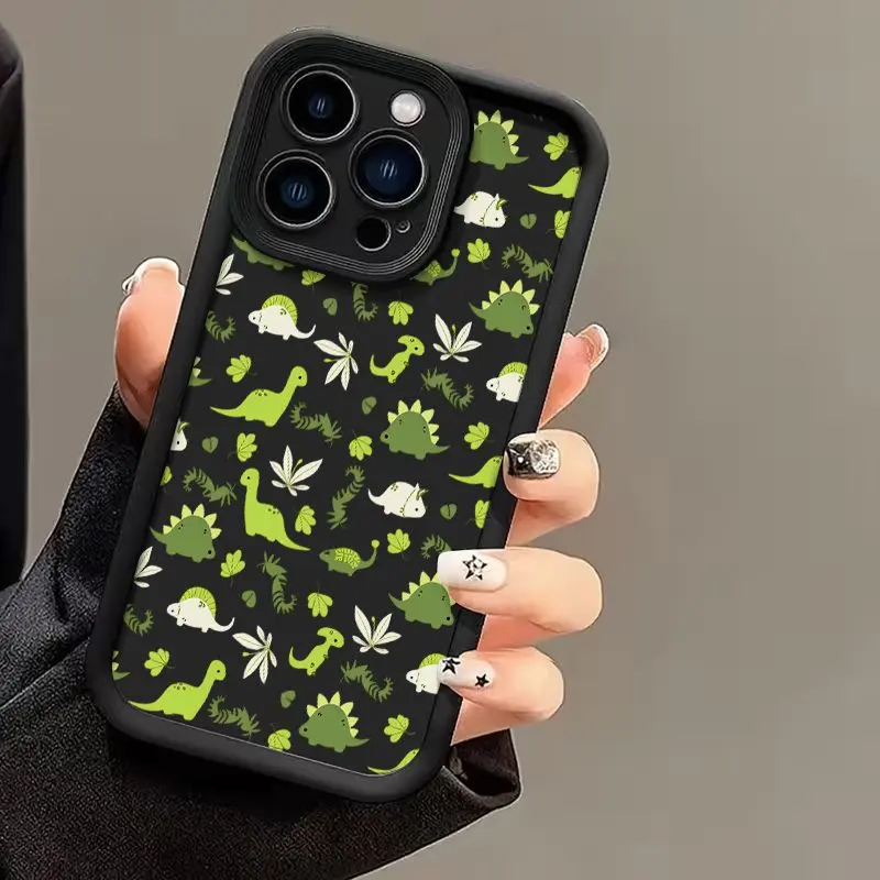 Phone Case: Dinosaur Pattern Phone Case Black Green Dino And Plant Print for iPhone 17 E Air 16 15 14 Pro Max Plus 13 12 Mini 11 X XS XR