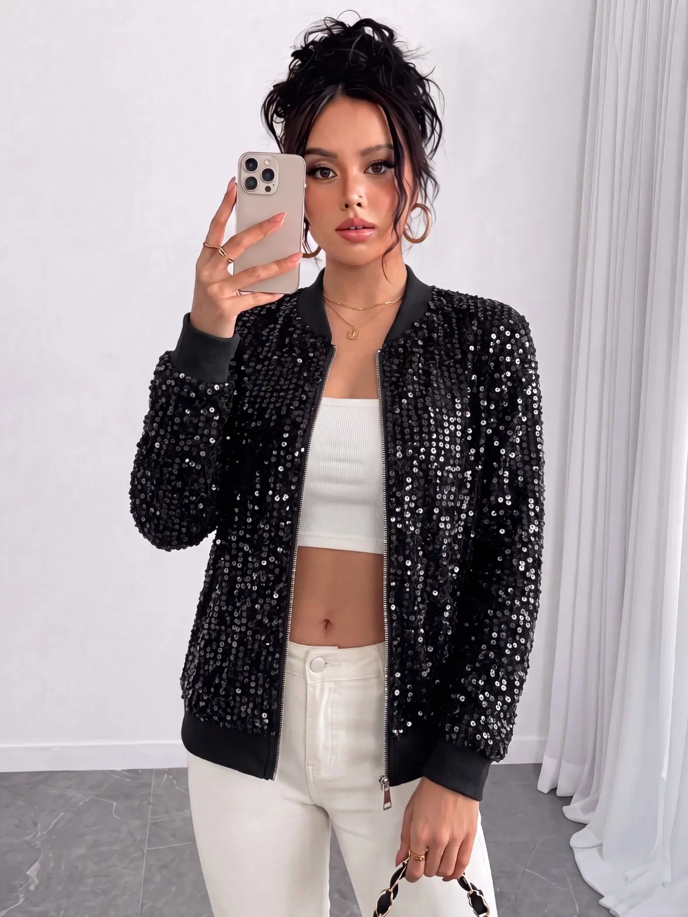 Single Piece Sequin Baseball Jacket, Retro Party Atmosphere, Peter Pan Collar Long Sleeve Zipper, Loose Fit Evening