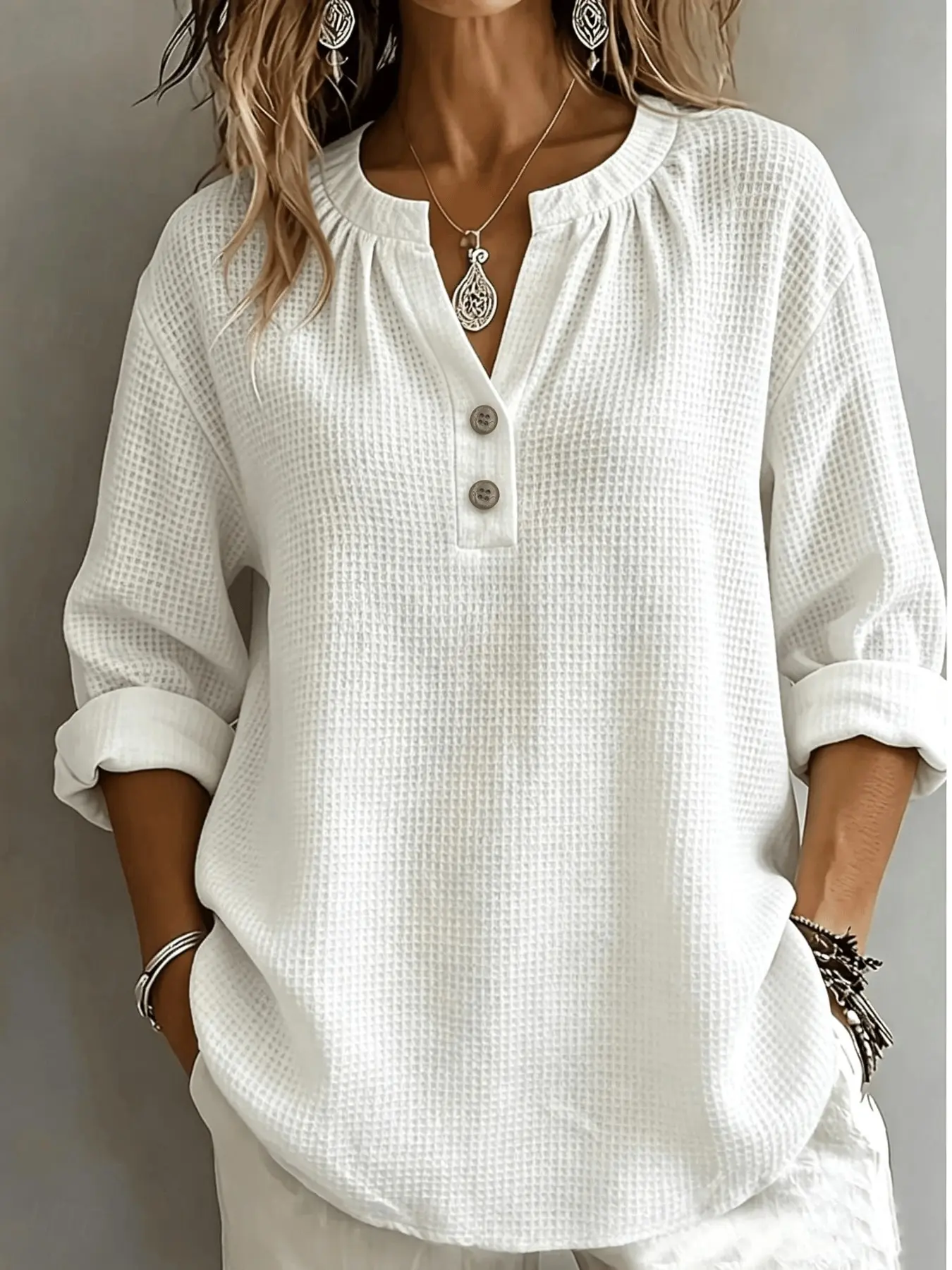 Textured Waffle Top, Loose Long Sleeve Versatile Casual Women's T-Shirt, Comfortable Daily Wear, Perfect for Layering, Stylish and Practical