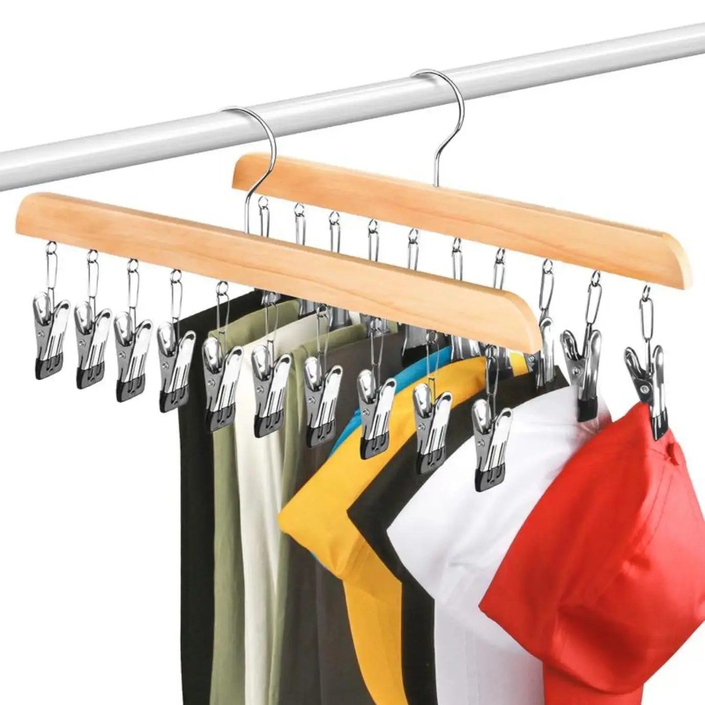 10-Clip Legging Hangers (2 Pack) – Wooden Space-Saving Closet Organizer, Holds Up to 20 Yoga Pants, Multi-Purpose Clip Hangers for Leggings, Bras, Belts, Socks & Hats, Rubber-Coated Durable Storage Solution