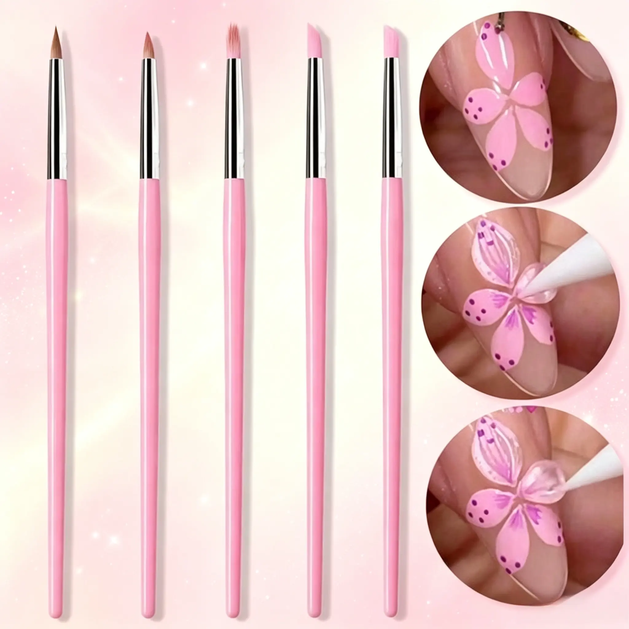 5PCS Professional 3D Nail Sculpting Brushes Set, White Handle Acrylic Gel Nail Carving Pens for DIY Floral Emboss Pattern, Manicure Nail Art Design Modeling Tools for Salon Home Use