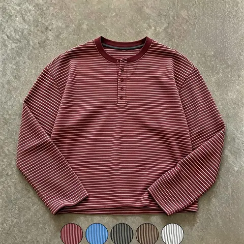 Y2K Short Henry Neck Long Sleeve T-Shirt for Men, Striped Button Collar Loose Fit Retro Daily Top, Casual All-Season Clothing, Casual Streetwear Essential