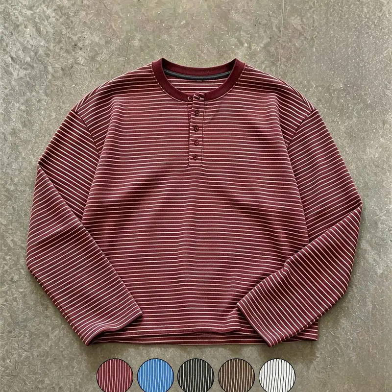 Y2K Short Henry Neck Long Sleeve T-Shirt for Men, Striped Button Collar Loose Fit Retro Daily Top, Casual All-Season Clothing, Casual Streetwear Essential