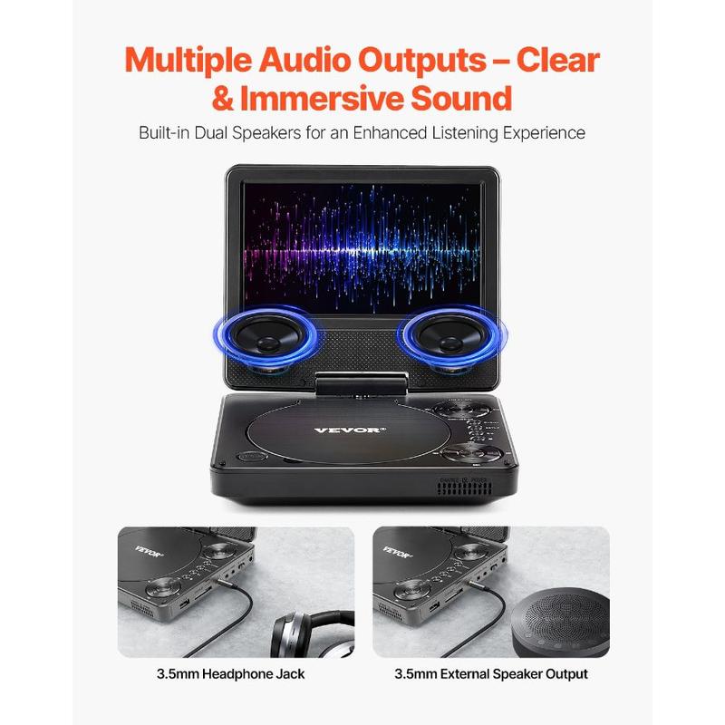 VEVOR Portable DVD Player, 9 inch HD Swivel Display Screen, 4 Hours Built - in Rechargeable Battery, Dual Speakers, Support Sync TV/USB/SD Card/CD/DVD, Car Charger, AC Power Adapter, Remote Control