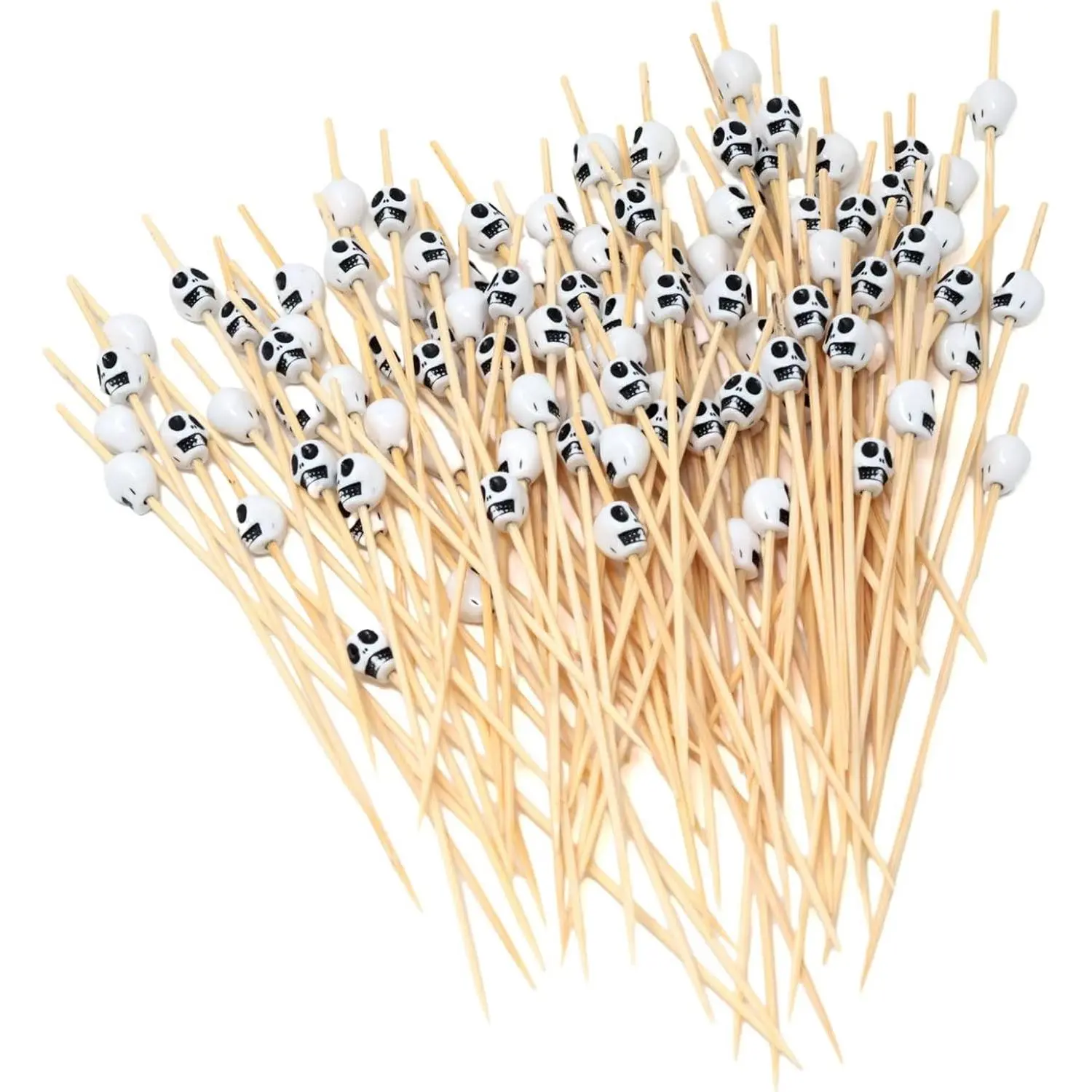Honbay 100PCS Skull Head Bamboo Cocktail Picks Fruit Food Hamburger Toothpicks Cupcake Toppers Sandwich Appetizer Skewers for Drink Garnish Holiday Birthday Party Decoration