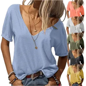 Imily Bela Women Fashion Deep V-Neck Short Sleeve Tops Solid Casual Loose Basic T Shirt