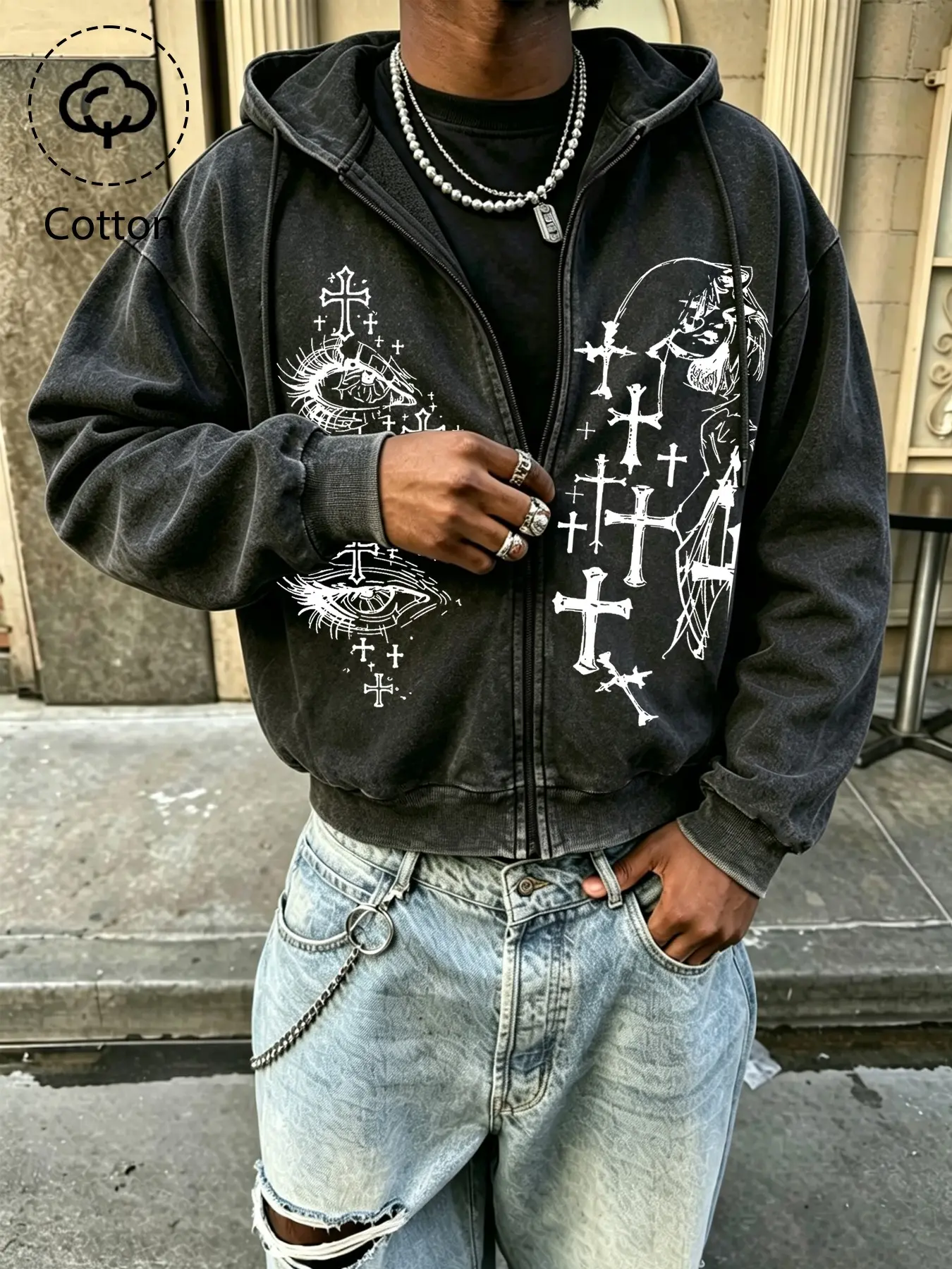 Men's Spring Fall Retro Dark Cross Portrait Eye Print Casual Cardigan, Soft Fabric, Drop Shoulder Short Zipper Jacket, Subculture Cool, Campus, Skateboarding, Instagrammable