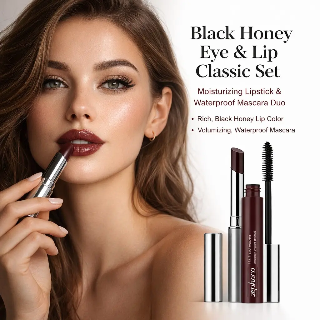 Black Honey Eye & Lip Makeup Set, Includes Black Mascara and Lip Balm. Glossy lip balm delivers moisturizing finish, mascara lifts lashes for curly look, practical daily cosmetic kit for makeup styling
