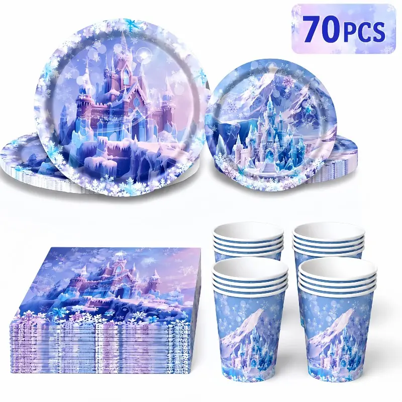 70pcs Dreamy Blue Snowflake Castle Party Supplies Set, Includes Plates, Dessert Dishes, Cups, Napkins, Perfect for 20 People