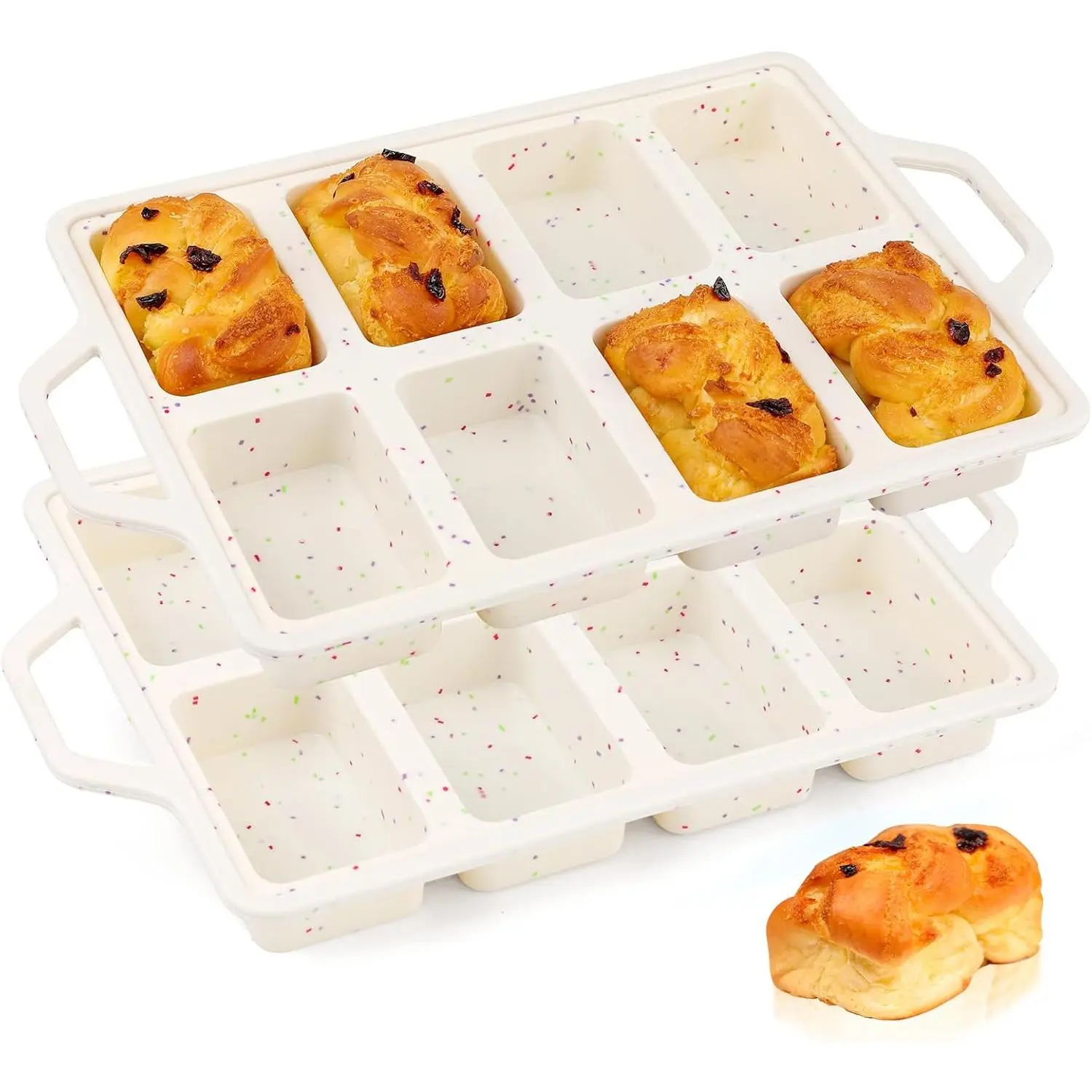 2 Pack Silicone Mini Loaf Pans, Metal Reinforced Frame 8-Cavity Non-Stick Baking Pan, Food Grade Heat Resistant Small Bread Pan for Banana Bread Brownie Muffin, Dishwasher Safe Cream Baking Pan