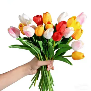 20pcs PU Tulip Artificial Flowers, Faux Flowers, Realistic Handheld Bouquet Home Decor, European Style Easter Living Room Bedroom Decoration