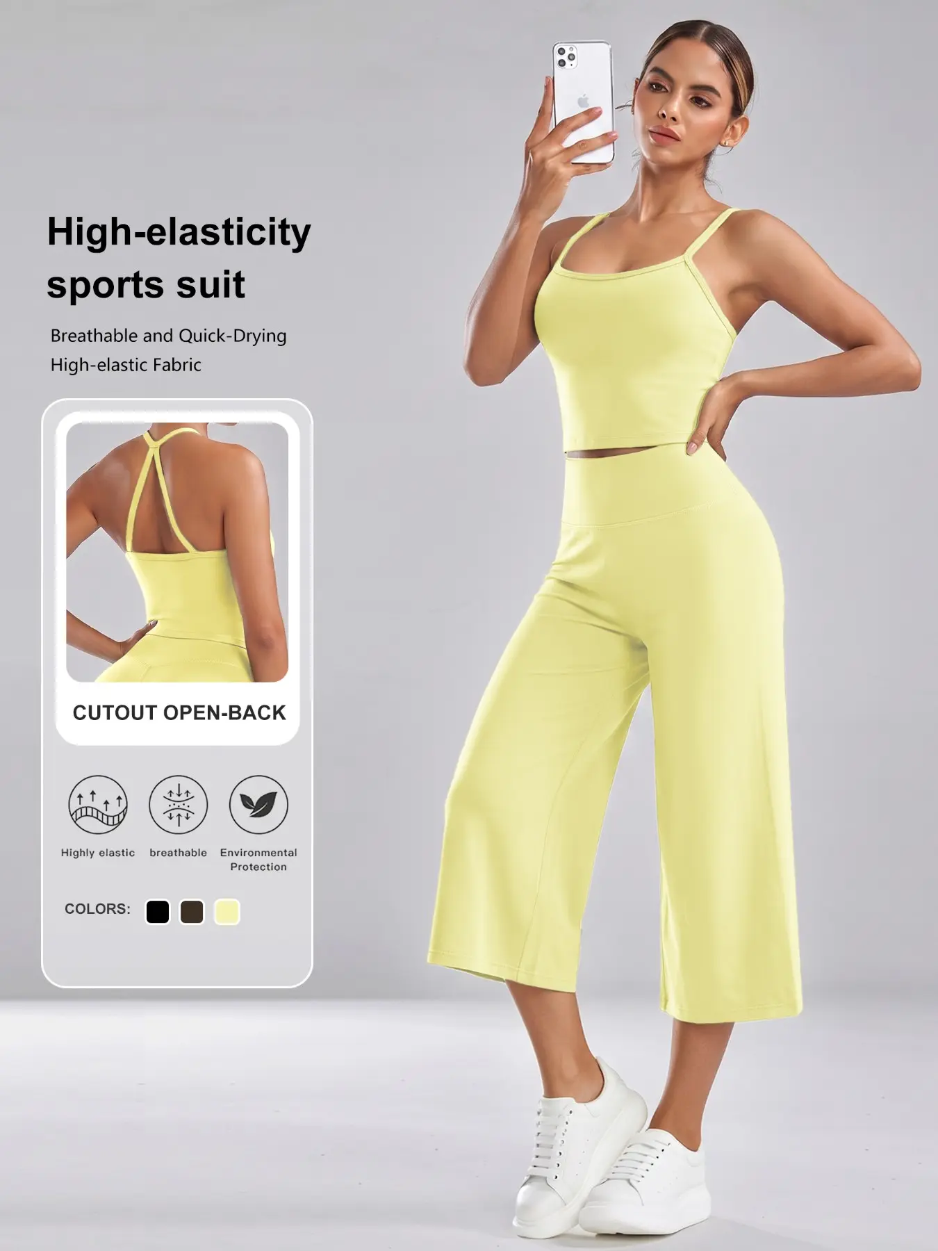 2 Piece Yoga Set, Cami Workout Set, High Waist Wide Leg Cropped Pants, Athletic Matching Set, Butt Lifting, Backless Gym, Exercise Clothing Set