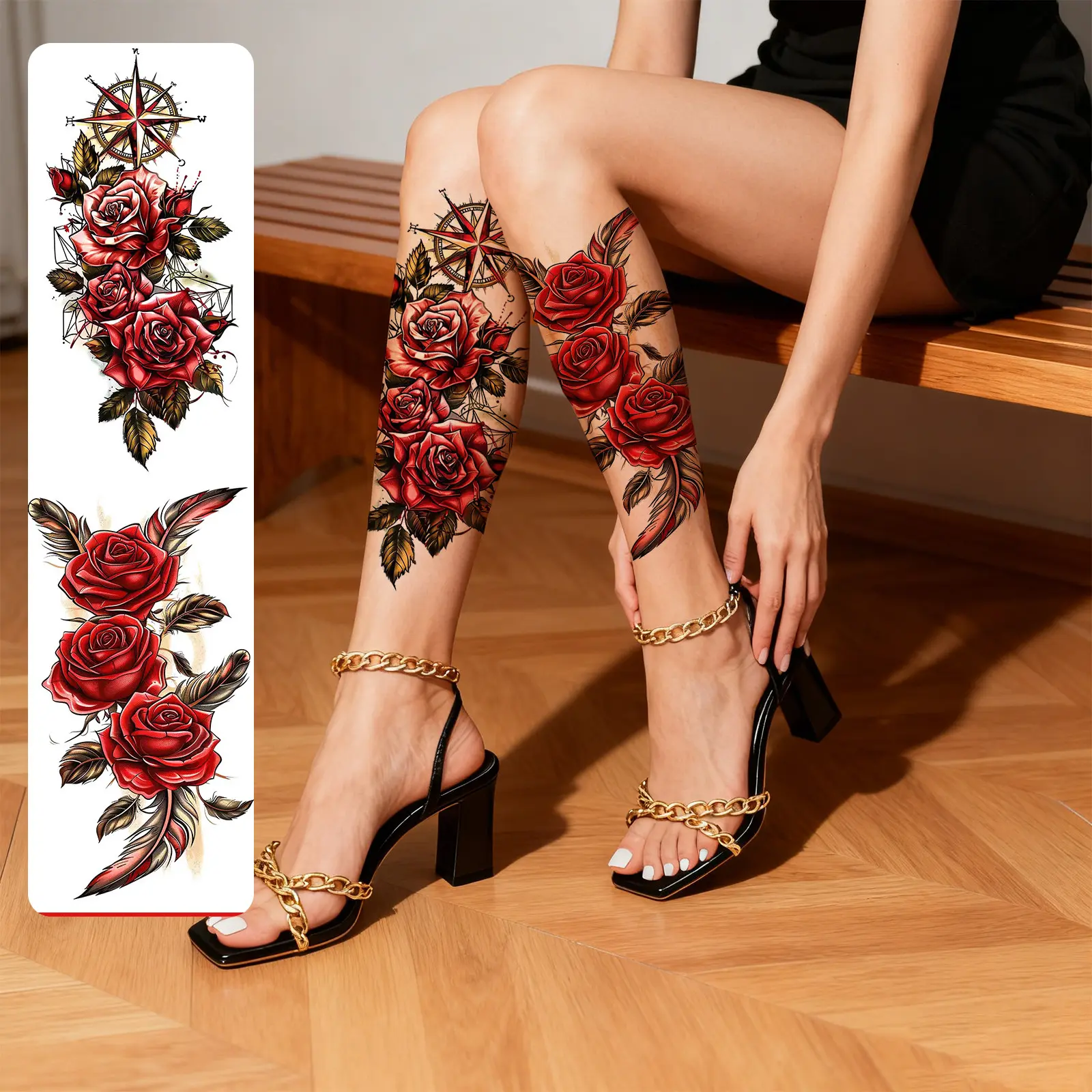 2 Sheets Red Rose Flower Temporary Tattoo Stickers, Waterproof Fake Tattoos, Suitable for Women and Men, Cover Scars, Can Be Used on Arms, Wrists, Shoulders, Legs, Waist, Neck, Hands, Chest, Thighs