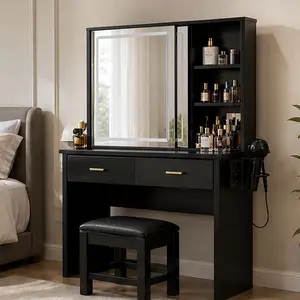 ARCH 37-Inch Black MDF Vanity Desk Set with Sliding LED Mirror, 3-Color Touch Control, 2 AC Outlets & 2 USB Ports, Hair Dryer Stand, Cushioned Stool, Makeup Dressing Table for Bedroom, American Design, Black Color Options, MDF Material, Vanity Set, 15.70"