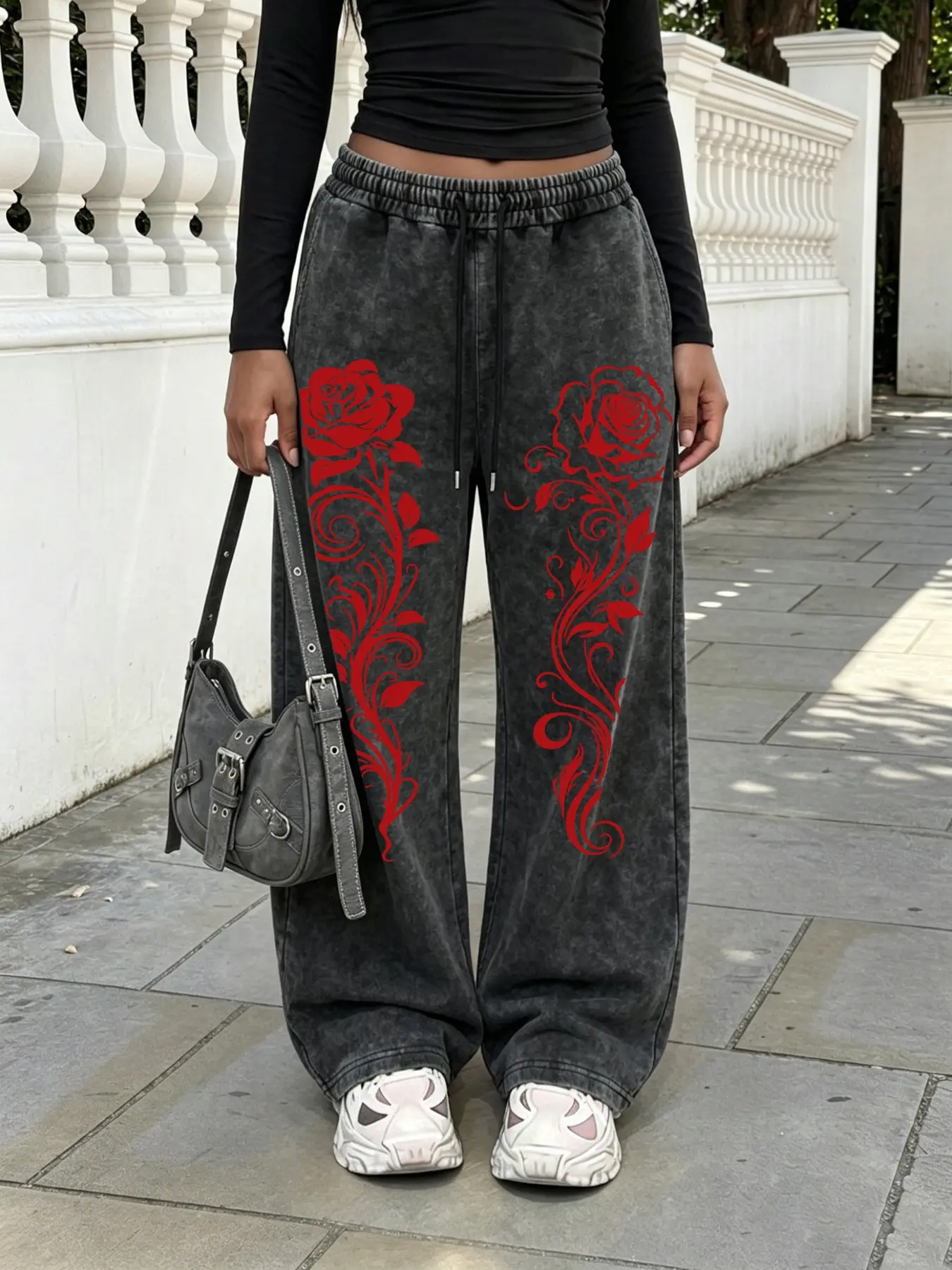 Multi-Color Washed Buttery Soft Cotton Wide Leg Loose Oversized Sweatpants, Rose Vine Print, Dual Layer Elastic Waist, Adjustable Drawstring, Casual Long Pants