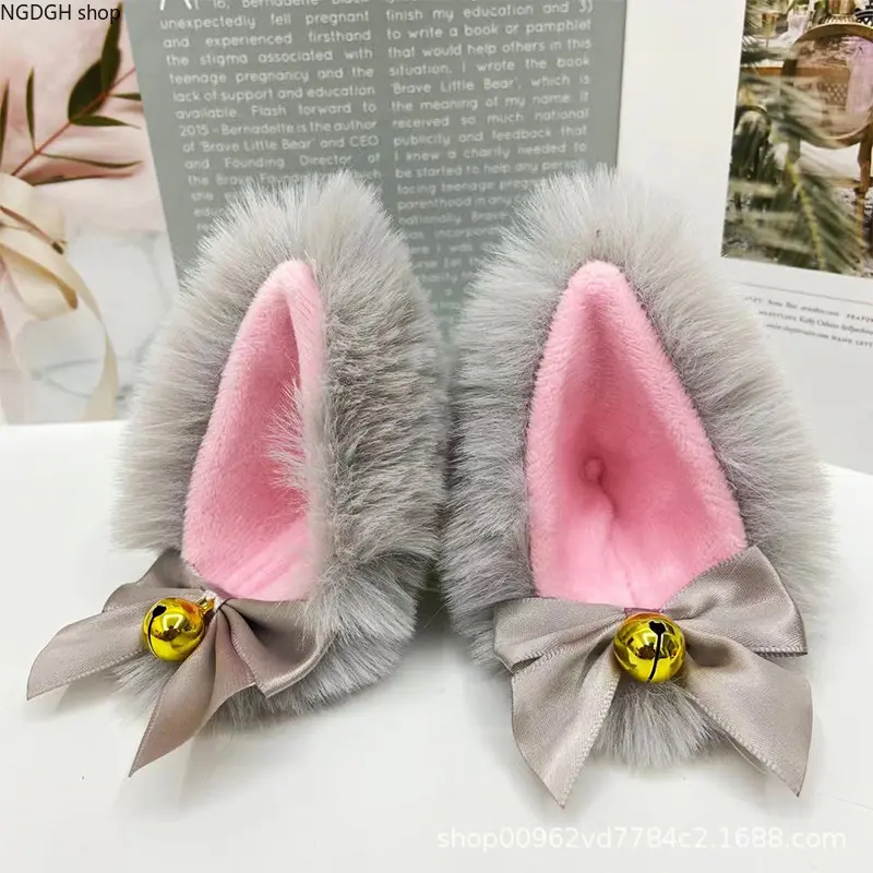 Fluffy Cat Ear Hair Clips with Bow and Gold Bell, Cute Grey Pink Plush Animal Ears Hairband, Soft Faux Fur Cosplay Headpiece, Adorable Halloween Dress-Up Accessory, Perfect Daily Wear, Party Costume & Kawaii Gift.